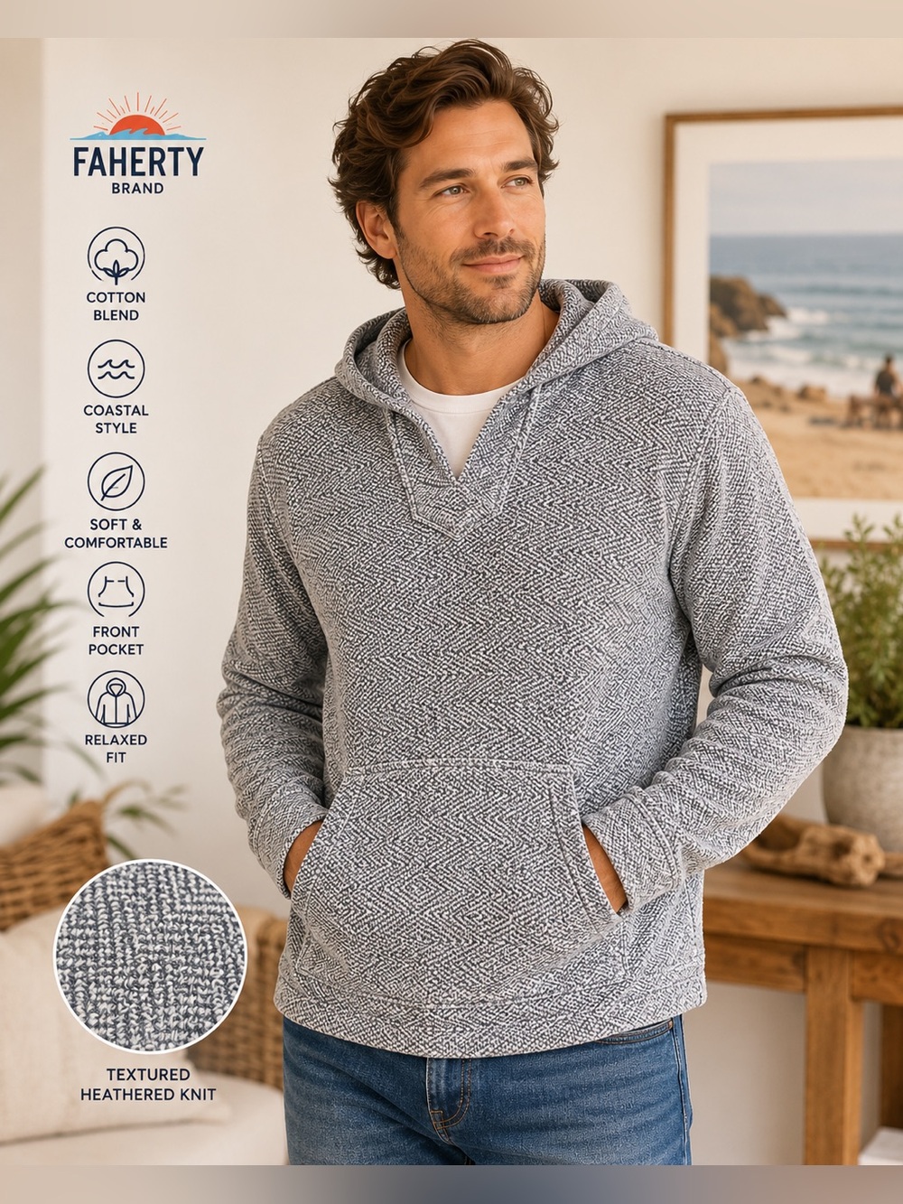 Faherty Brand Baja Hoodie Pullover Gray Marled Cotton Blend Surf Beach Size M